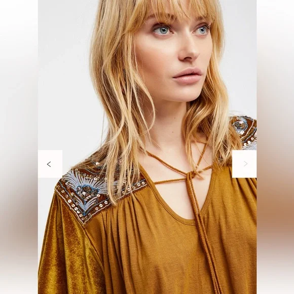 Free People Hearts Aflame Oversized Gold Velvet Embroidered Blouse - Picture 3 of 11